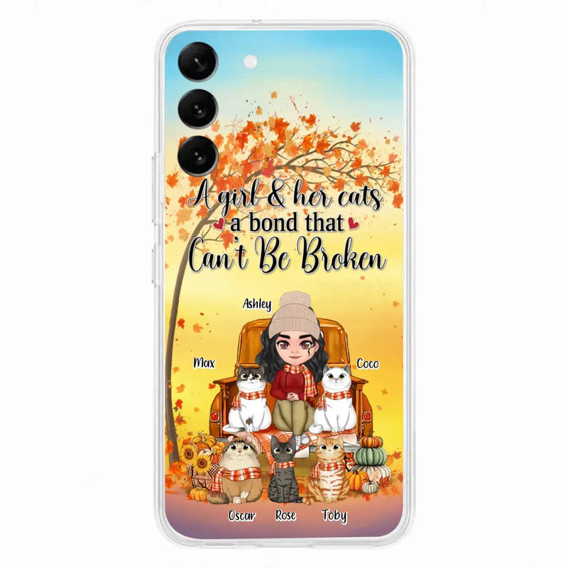 Personalized Cat Mom Fall Season Phone Case - Gift Idea For Cat Owners - Up to 5 Cats - Case For iPhone/Samsung - A Girl & Her Cats A Bond That Can't Be Broken