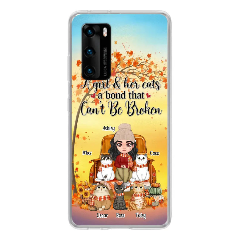 Personalized Cat Mom Fall Season Phone Case - Gift Idea For Cat Lovers - Up to 5 Cats - Case For Xiaomi/ Oppo/ Huawei - A Girl & Her Cats A Bond That Can't Be Broken