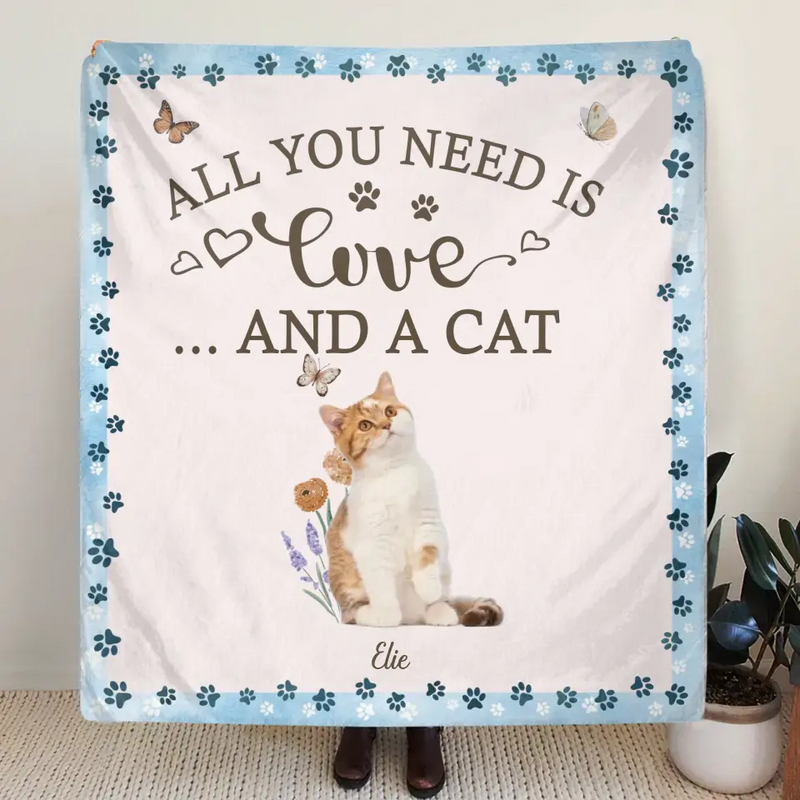 Personalized Cat Photo Fleece Throw Blanket/Quilt - Gift Idea For Cat Lover - All You Need Is Love And Cats