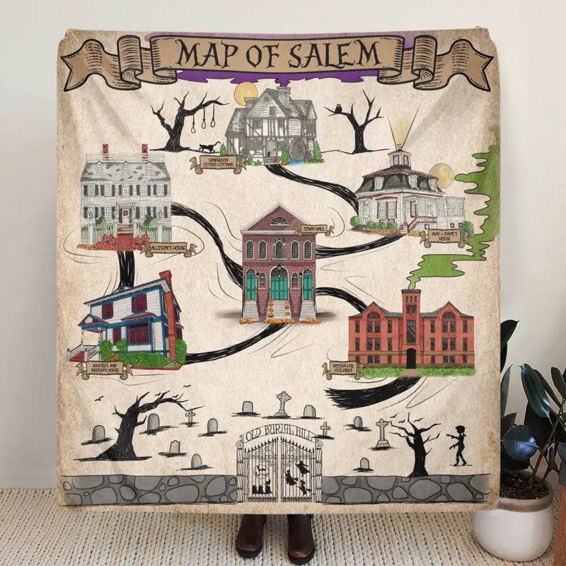 Personalized Map Of Salem Fleece Throw Blanket/Quilt - Halloween Gift Idea