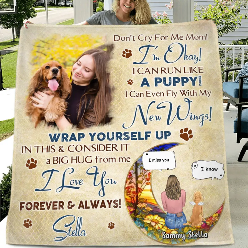 Personalized Memorial Fleece Throw Blanket/Quilt - Gift Idea For Dog Owner - Upload Dog Photo - Don't Cry For Me Mom! I'm Okay!