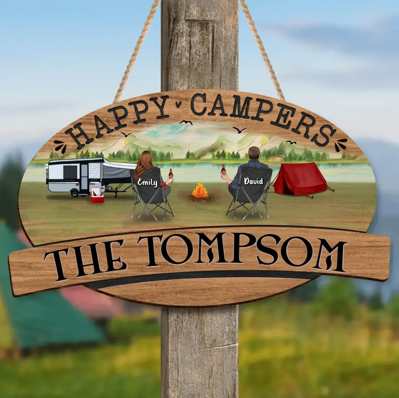 Personalized Camping Wooden Sign - Gift Idea For Couple/Family/Camping Lovers - Couple/Parents With Up to 3 Kids And 3 Pets - Happy Campers