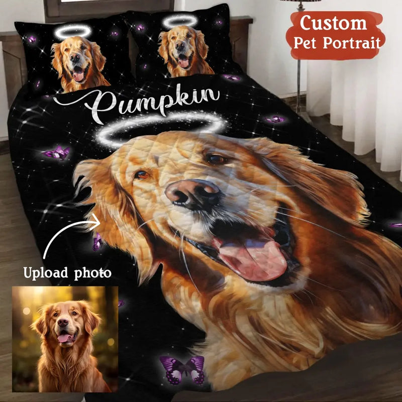 Personalized Memorial Pet Quilt Bed Set - Custom Pet Portrait - Memorial Gift Idea For Dog/Cat Lover