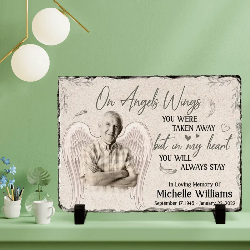 Personalized Memorial Photo Lithograph - Memorial Gift Idea - On Angels Wings You Were Taken Away But In My Heart You Will Always Stay