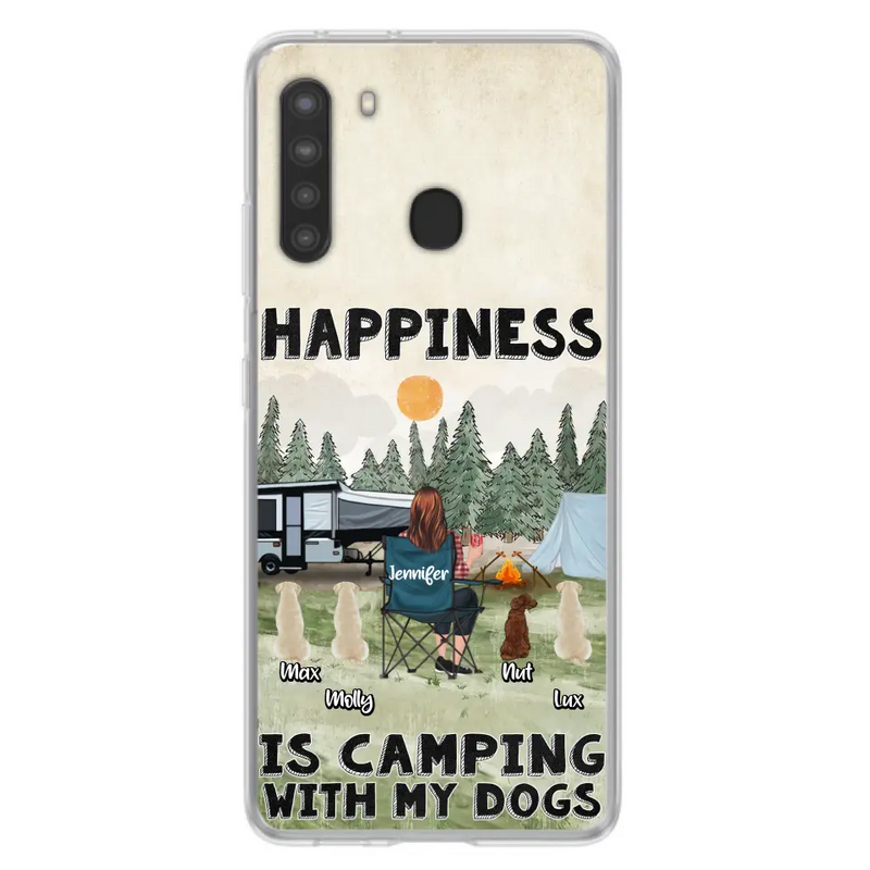 Personalized Camping Phone Case - Gift Idea For Girl & Dogs - Up to 4 Dogs - Happiness Is Camping With My Dogs - Case For iPhone/Samsung