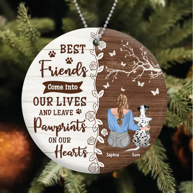 Personalized Memorial Dog Circle Wooden Ornament - Up to 3 Pets - Memorial Gift Idea For Dog/Cat Lover - Best Friends Come Into Our Lives And Leave Paw Prints On Our Hearts