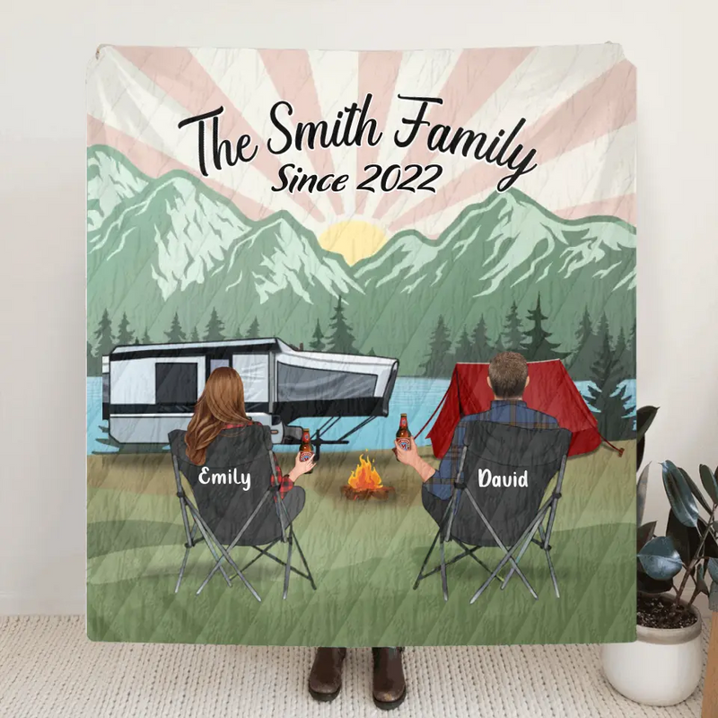 Custom Camping Quilt/Fleece Throw Blanket - Gift Idea For Couple, Camping Lovers, Family - Up to 3 Kids, 3 Pets - The Smith Family Since 2022