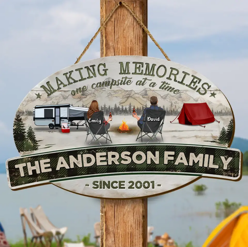 Personalized Camping Family Wooden Sign - Gift Idea For Couple Camping Lovers - Couple/Adult With Up to 3 Kids And 3 Pets