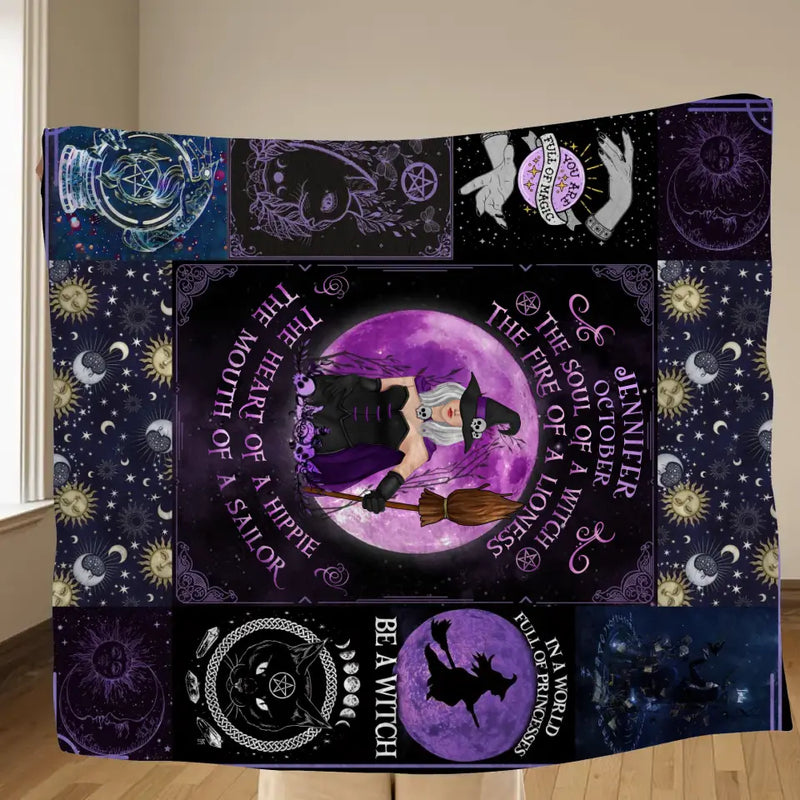 Personalized Witch Fleece Throw Blanket/Quilt - Halloween Gift Idea For Witch Lovers - October Woman The Soul of A Witch The Fire Of A Lioness