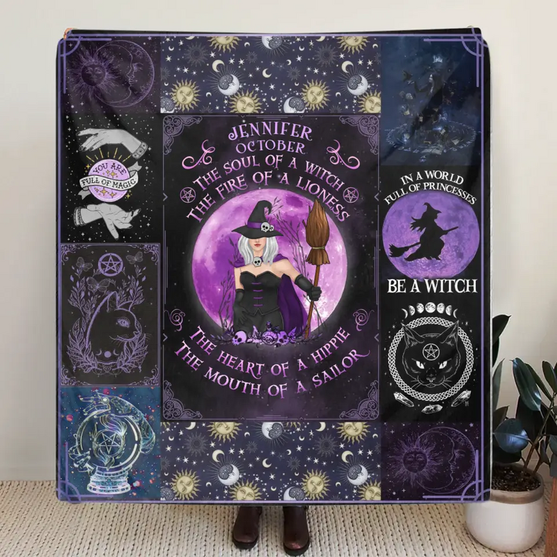 Personalized Witch Fleece Throw Blanket/Quilt - Halloween Gift Idea For Witch Lovers - October Woman The Soul of A Witch The Fire Of A Lioness