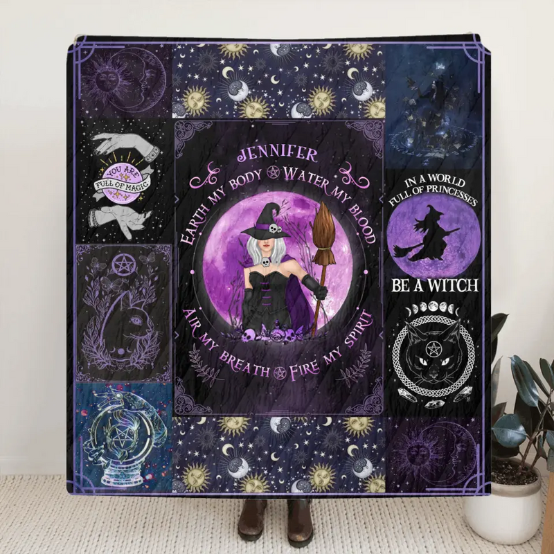 Personalized Witch Quilt/Fleece Throw Blanket - Halloween Gift Idea For Witch Lovers - Earth My Body Water My Blood Air My Breath Fire My Spirit