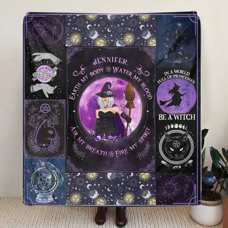 Personalized Witch Quilt/Fleece Throw Blanket - Halloween Gift Idea For Witch Lovers - Earth My Body Water My Blood Air My Breath Fire My Spirit
