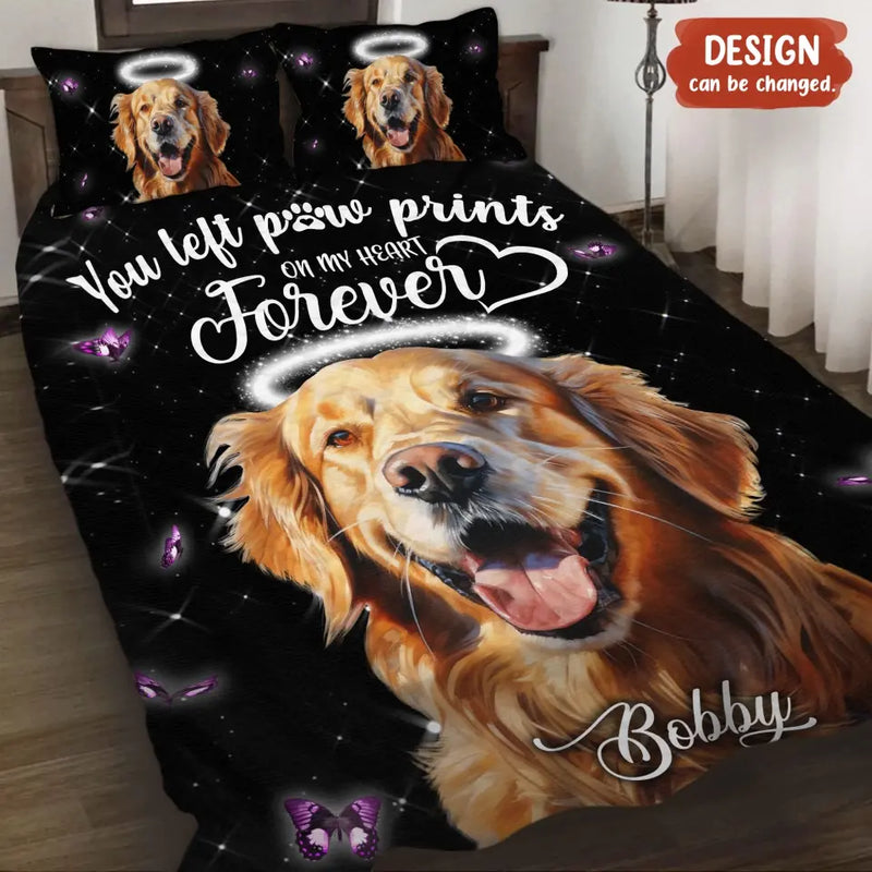 Personalized Memorial Pet Quilt Bed Set - Custom Pet Portrait - Memorial Gift Idea For Dog/Cat Lover - You Left Paw Prints On My Heart Forever