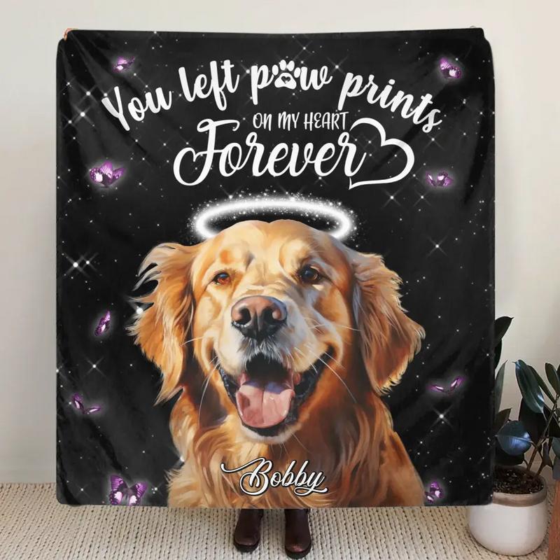Personalized Memorial Pet Photo Fleece Throw Blanket - Custom Pet Portrait - Memorial Gift Idea For Dog/Cat Lover - You Left Paw Prints On My Heart Forever