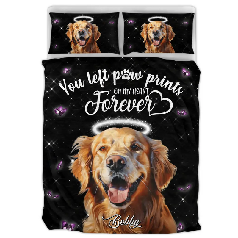 Personalized Memorial Pet Quilt Bed Set - Custom Pet Portrait - Memorial Gift Idea For Dog/Cat Lover - You Left Paw Prints On My Heart Forever