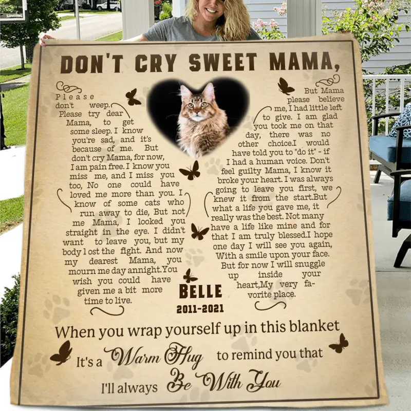Personalized Memorial Fleece Throw Blanket/Quilt - Memorial Gift Idea For Pet Lover - Upload Photo - Don't Cry Sweet Mama