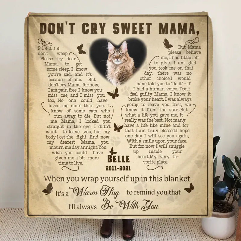 Personalized Memorial Fleece Throw Blanket/Quilt - Memorial Gift Idea For Pet Lover - Upload Photo - Don't Cry Sweet Mama