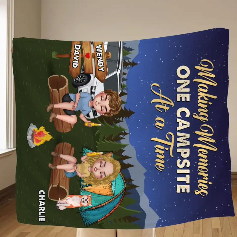 Personalized Camping Fleece Throw Blanket/Quilt - Gift Idea For Couple/Dog Lovers - Making Memories One Campsite At A Time