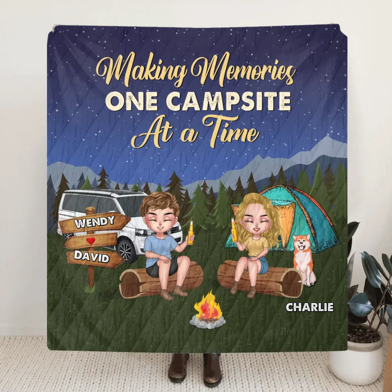 Personalized Camping Fleece Throw Blanket/Quilt - Gift Idea For Couple/Dog Lovers - Making Memories One Campsite At A Time