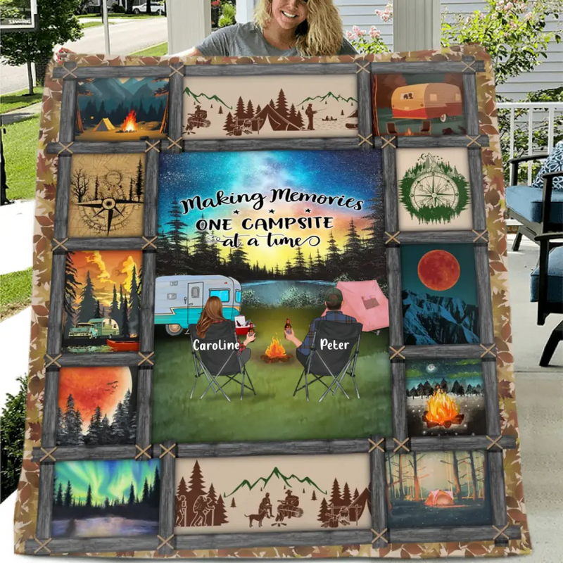 Personalized Camping Fleece Throw Blanket/Quilt - Gift Idea For Couple/Camping Lovers/Pet Lover - Making Memories One Campsite At A Time