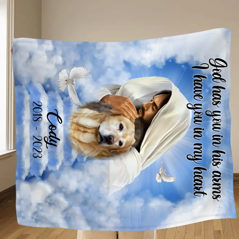 Personalized Memorial Pet Fleece Throw Blanket/Quilt - Upload Photo - Memorial Gift Idea For Pet Owners - God Has You In His Arms I Have You In My Heart