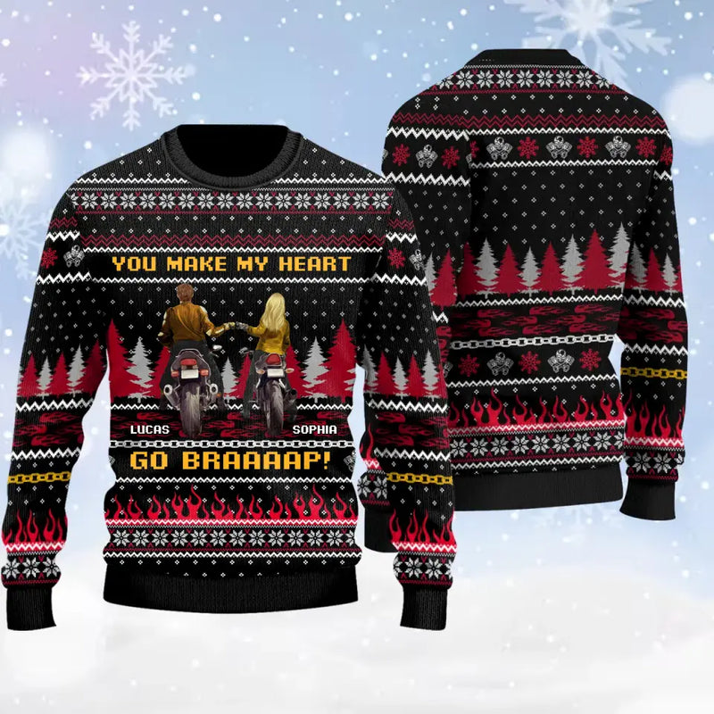 Personalized Motorcycle Couple AOP Sweater - Gift Idea For Couple/Motorbike Lovers - You Make My Heart Go Braaaap