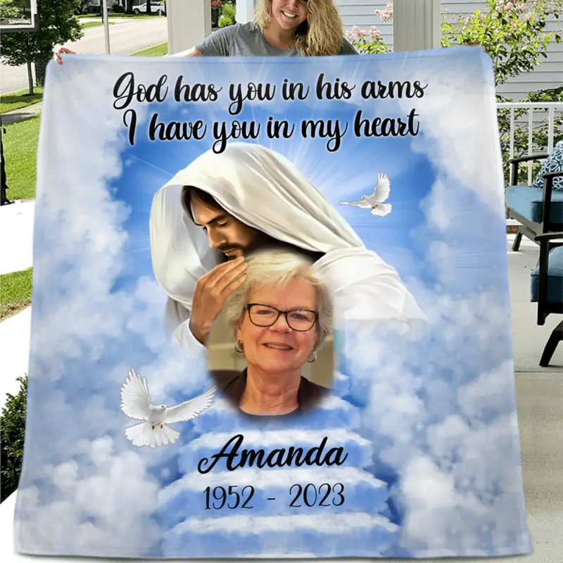 Personalized Memorial Fleece Throw Blanket/Quilt - Upload Photo - Memorial Gift Idea For Family Member - God Has You In His Arms I Have You In My Heart