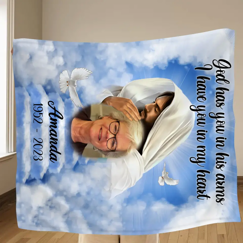 Personalized Memorial Fleece Throw Blanket/Quilt - Upload Photo - Memorial Gift Idea For Family Member - God Has You In His Arms I Have You In My Heart