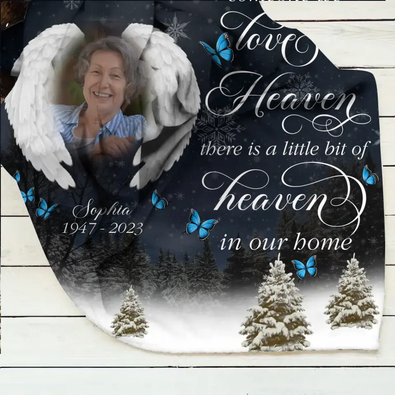 Personalized Memorial Fleece Throw Blanket/Quilt - Upload Photo - Memorial Gift Idea For Family Member - There Is A Little Bit Of Heaven In Our Home