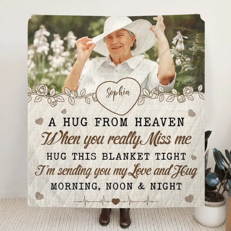 Personalized Memorial Fleece Throw Blanket/Quilt - Upload Photo - Memorial Gift Idea For Family Member - A Hug From Heaven
