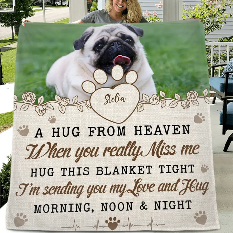 Personalized Memorial Pet Fleece Throw Blanket/Quilt - Upload Photo - Memorial Gift Idea For Pet Owners - A Hug From Heaven
