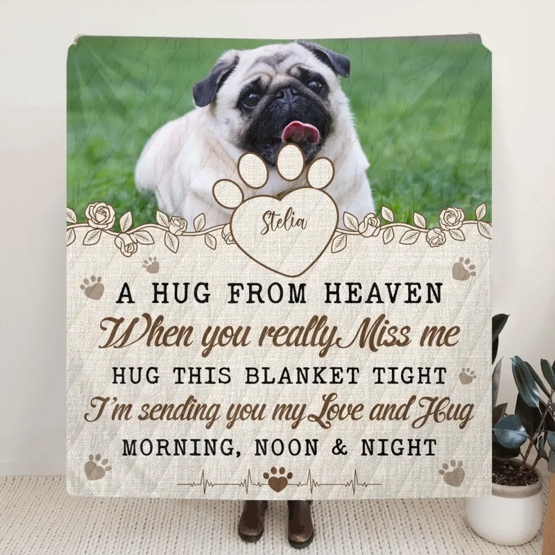 Personalized Memorial Pet Fleece Throw Blanket/Quilt - Upload Photo - Memorial Gift Idea For Pet Owners - A Hug From Heaven