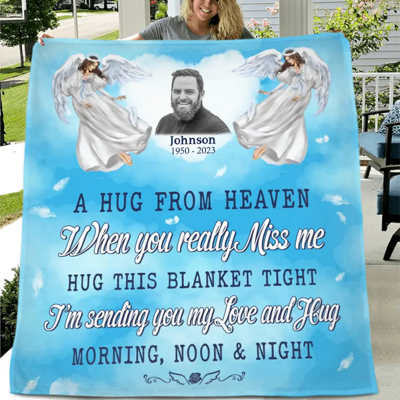 Personalized Memorial Fleece Throw Blanket/Quilt - Upload Photo - Memorial Gift Idea For Family Member - A Hug From Heaven