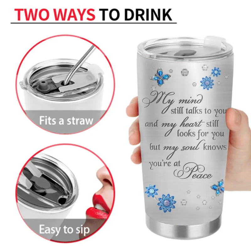 Personalized Memorial Photo Tumbler - Memorial Gift Idea For Family - My Mind Still Talks To You