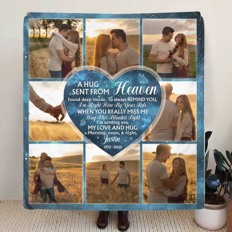 Personalized Memorial Fleece Throw Blanket/Quilt - Upload Photo - Memorial Gift Idea For Husband/Wife - A Hug Sent From Heaven