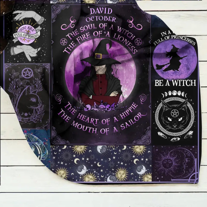 Personalized Witch Male Quilt/Fleece Throw Blanket - Halloween Gift Idea For Witch Lovers - October The Soul of A Witch The Fire Of A Lioness