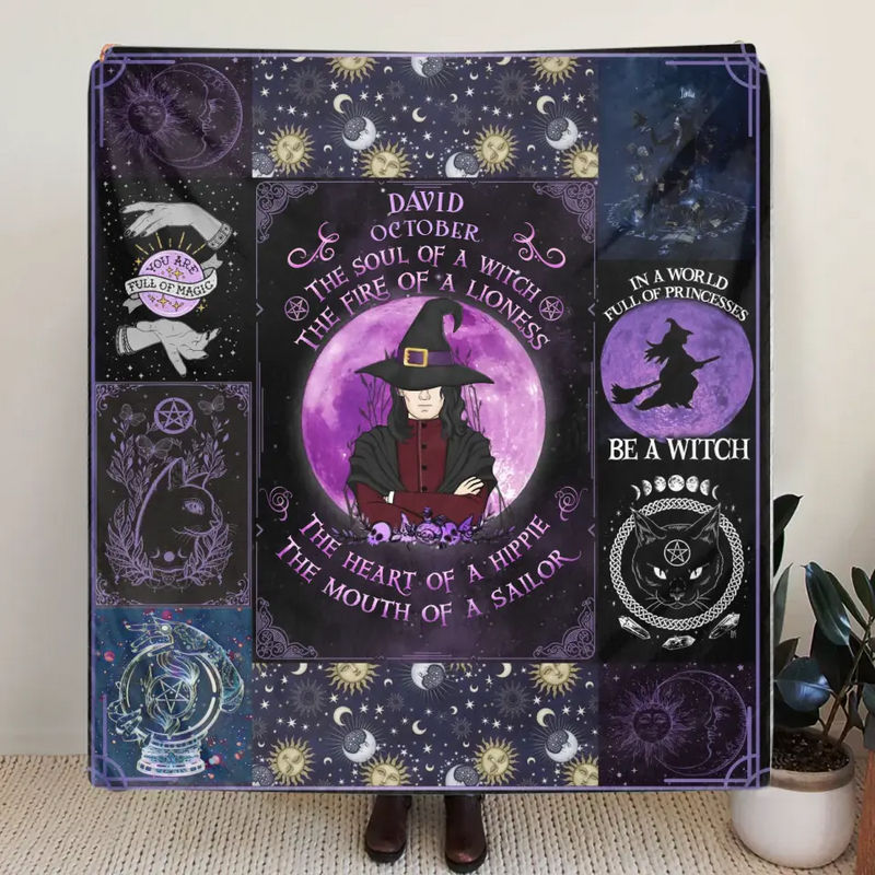 Personalized Witch Male Quilt/Fleece Throw Blanket - Halloween Gift Idea For Witch Lovers - October The Soul of A Witch The Fire Of A Lioness