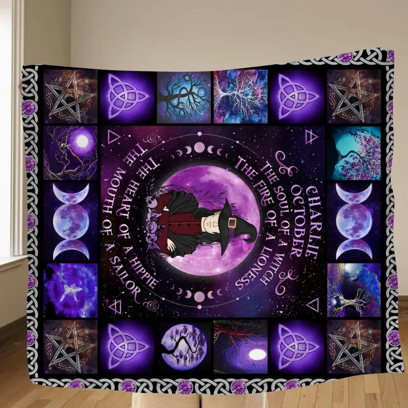 Personalized Witch Male Fleece Throw Blanket/Quilt - Halloween Gift Idea For Witch Lovers - October The Fire Of A Lioness