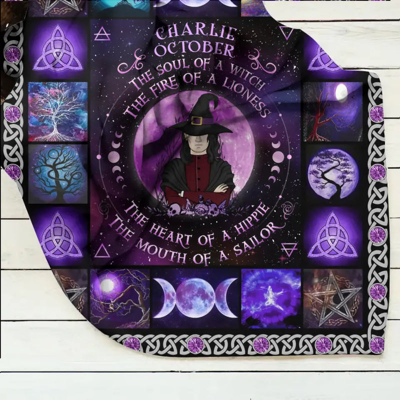 Personalized Witch Male Fleece Throw Blanket/Quilt - Halloween Gift Idea For Witch Lovers - October The Fire Of A Lioness