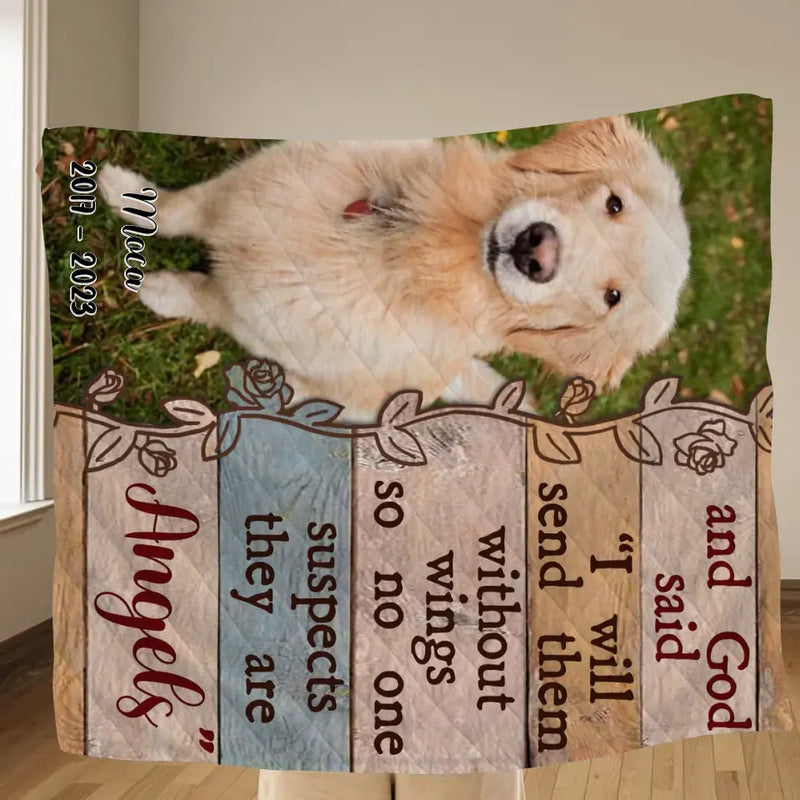 Personalized Memorial Fleece Throw Blanket/Quilt - Upload Dog/Cat Photo - And God Said "I Will Send Them Without Wings So No One Suspects They Are Angels"