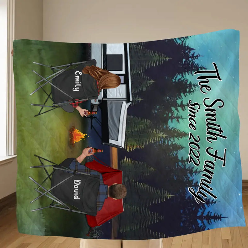 Personalized Camping Quilt/Fleece Throw Blanket - Gift Idea For Couple, Camping Lovers, Family - Up to 3 Kids, 3 Pets - The Family