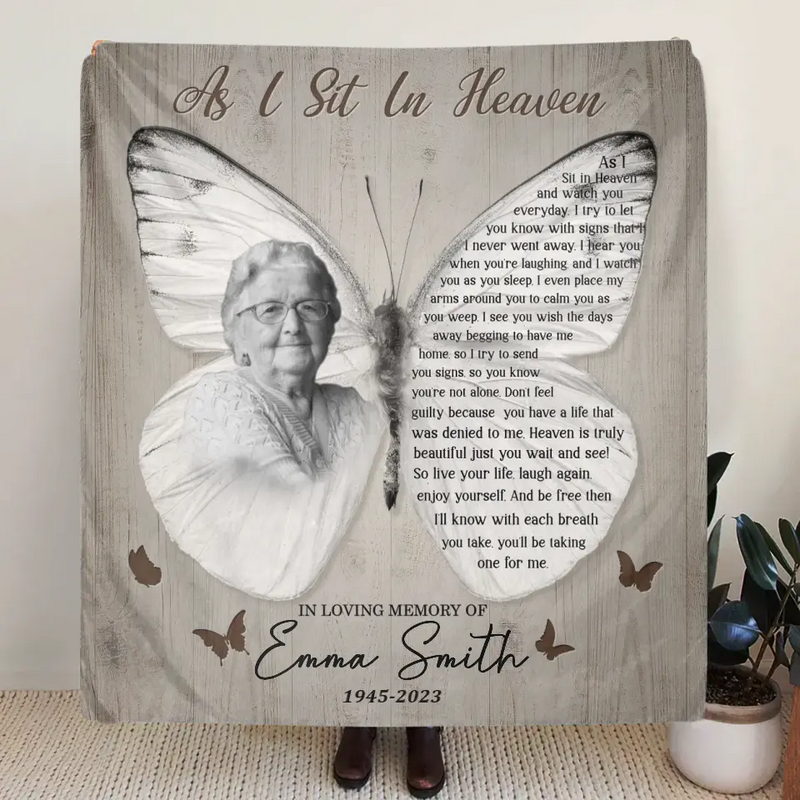 Personalized Memorial Photo Fleece Throw Blanket/Quilt - Memorial Gift for Family - As I Sit In Heaven