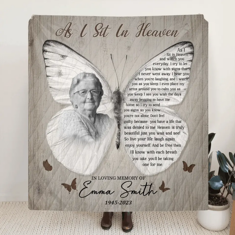 Personalized Memorial Photo Fleece Throw Blanket/Quilt - Memorial Gift for Family - As I Sit In Heaven