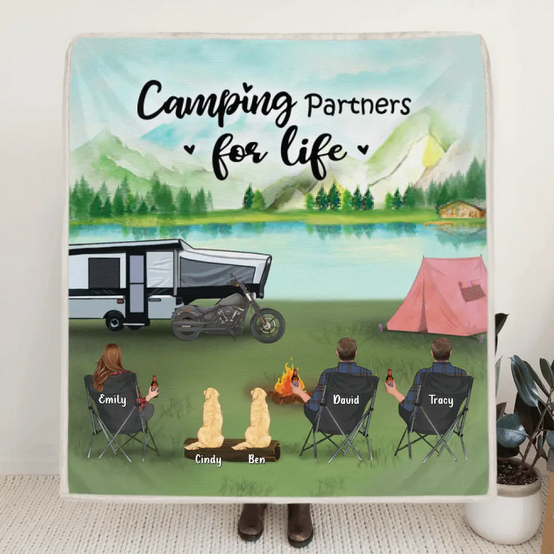 Personalized Camping Blanket - 3 Adults with Up to 2 Kids and 2 Dogs - Gift Idea For The Whole Family - Camping Partners For Life