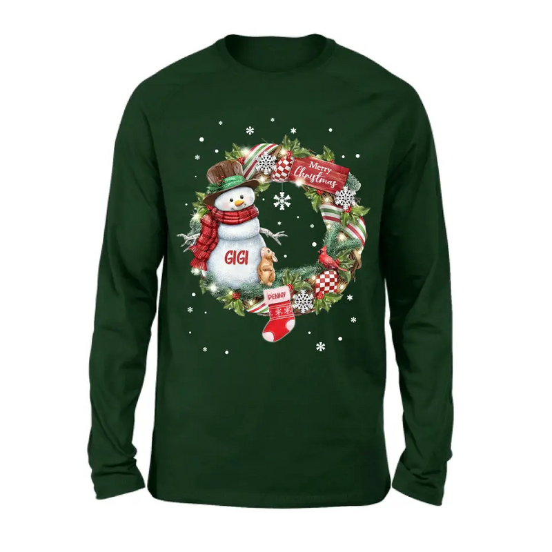 Personalized Grandma Mom Snowman Christmas Wreath Shirt/Hoodie - Christmas Gift For Grandma/Nana/Mother -  Up to 10 Kids