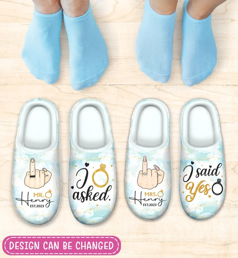 Personalized Newlywed/Enaged Couple Plush Slippers - Gift Idea For Couple - I Said Yes
