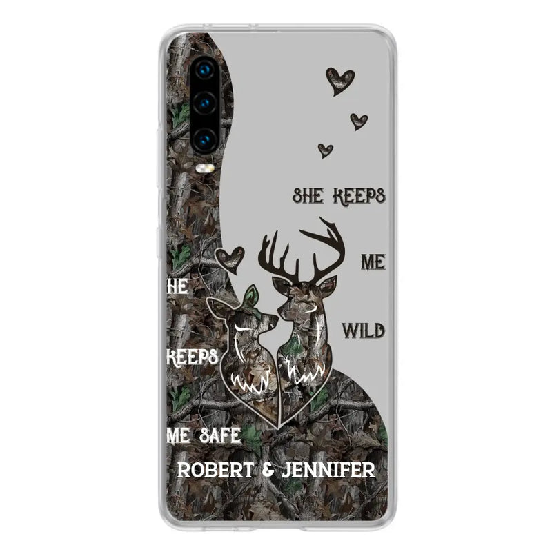 Personalized Deer Couple Phone Case - Gift Idea For Couple - He Keeps Me Safe She Keeps Me Wild - Case For Oppo/Xiaomi/Huawei