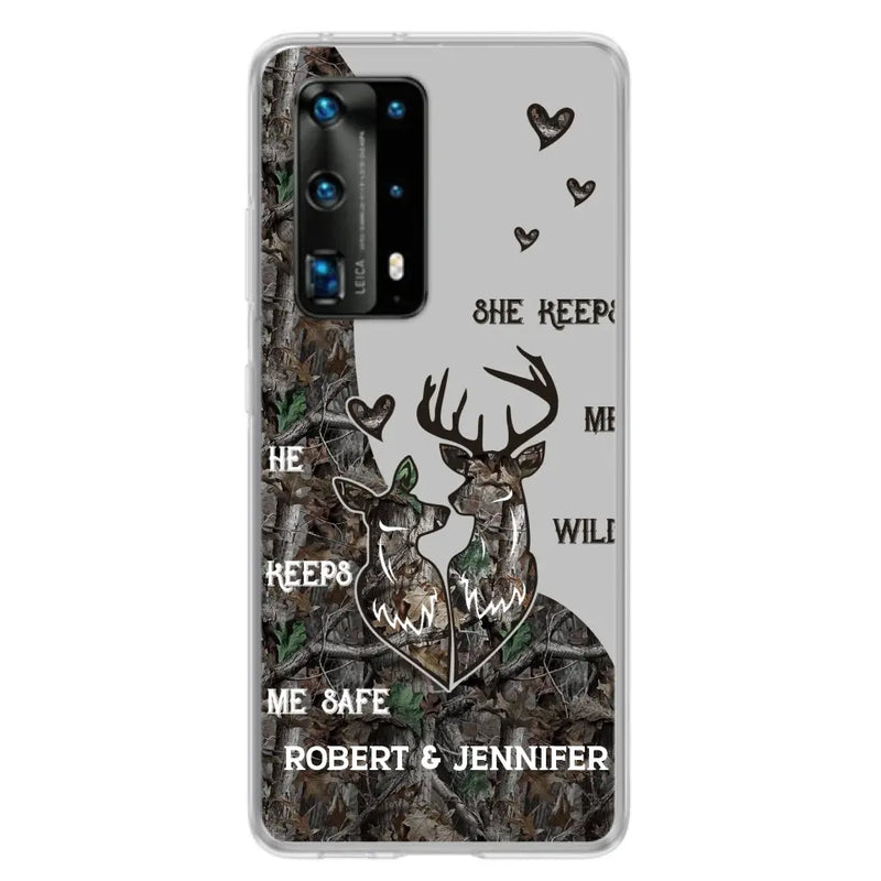 Personalized Deer Couple Phone Case - Gift Idea For Couple - He Keeps Me Safe She Keeps Me Wild - Case For Oppo/Xiaomi/Huawei