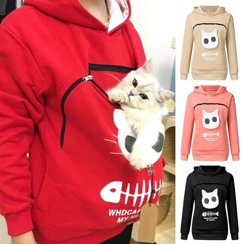 Personalized Women Hoodie Sweatshirt With Cat Pet Pocket Long Sleeve Sweater Cat Outfit - Gift Idea For Dog/Cat Owner