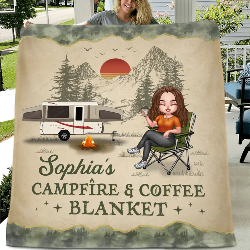 Personalized Camping Quilt/Fleece Throw Blanket - Gift Idea For Camping Lover - My Campfire & Coffee Blanket